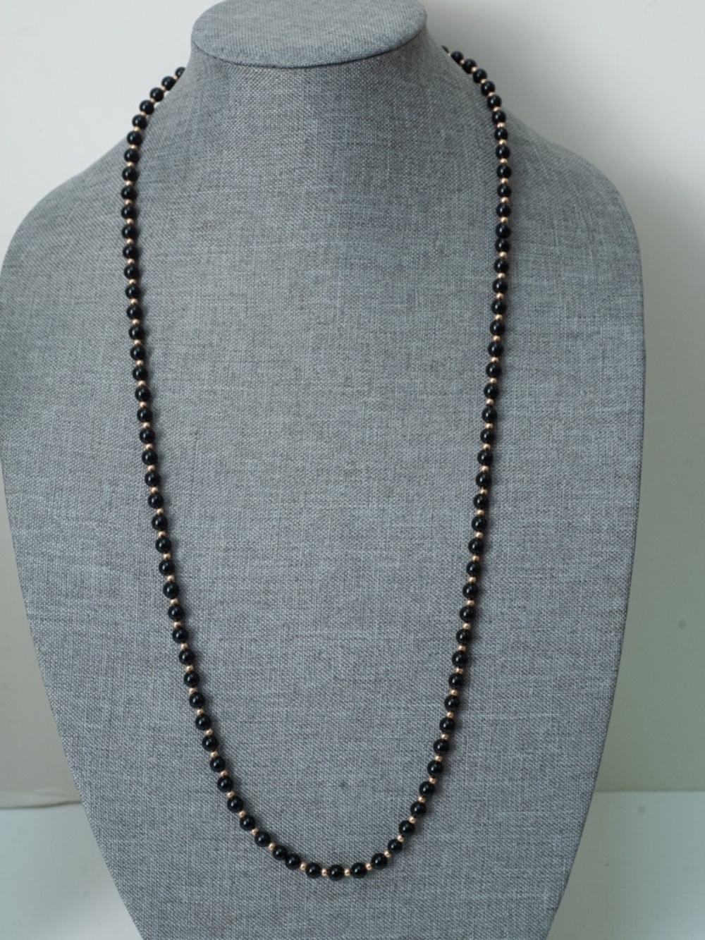 Vintage Black 6mm Onyx & 3mm 14K Gold Bead 34" Beaded Opera Length Necklace
